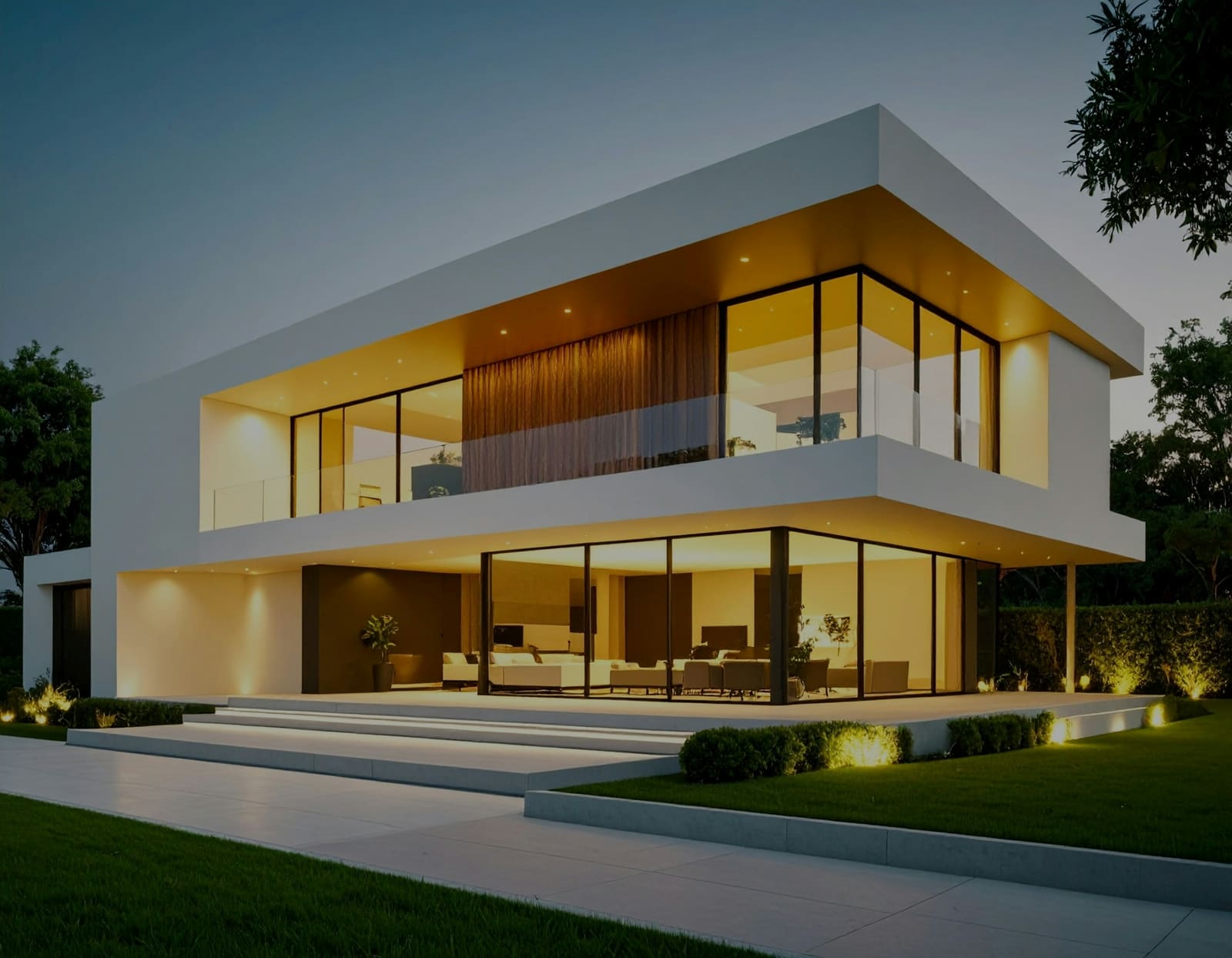 Casa moderna ao entardecer, com as luzes internas acesas.
